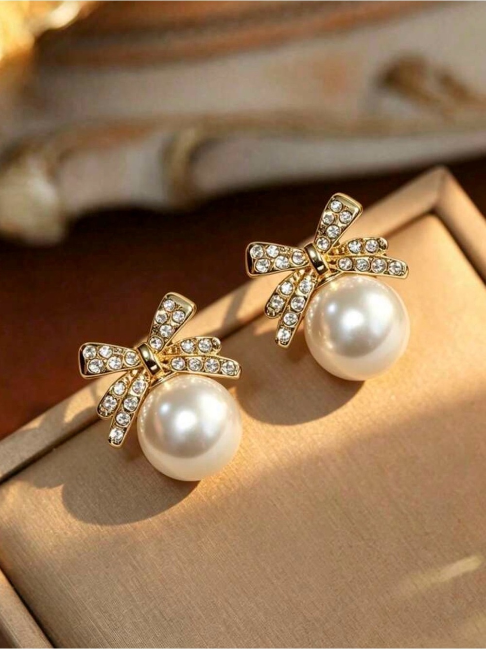 Gold Bow Crystal & Pearl Stud Earrings - White Pearls